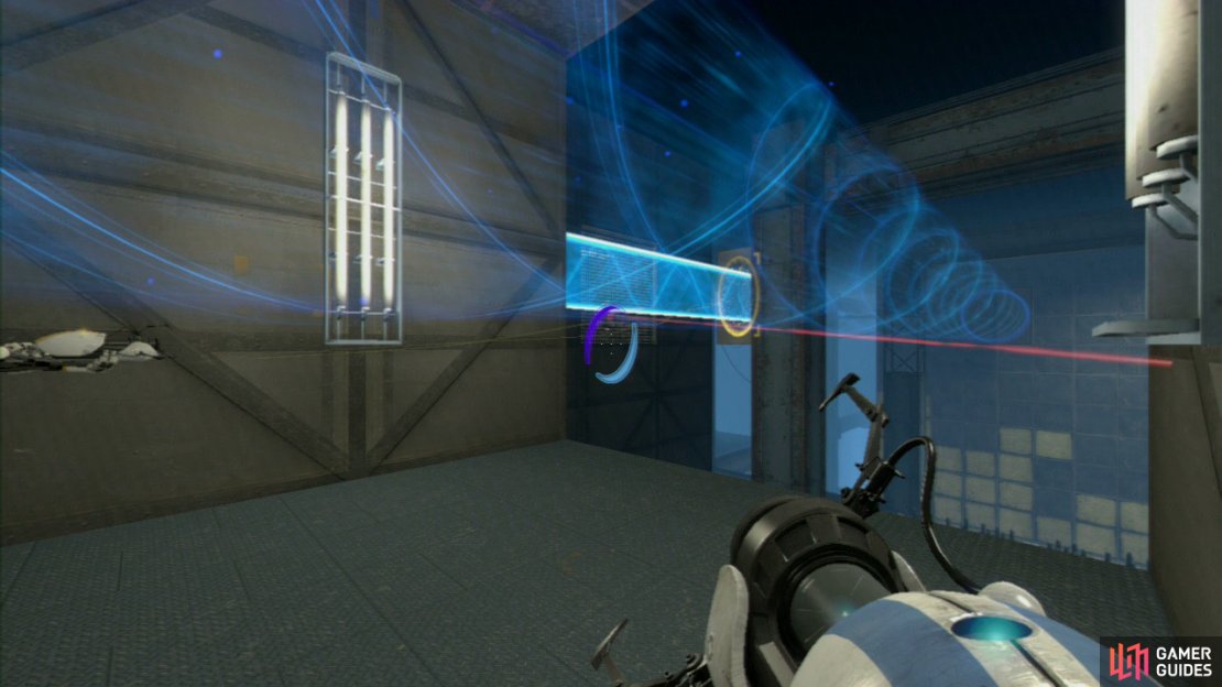 Player 2: Your task is to take control of the light bridge, so peek through the broken panels and look down to the lower ground for the light bridge (zooming in will probably help). Once you&rsquo;ve got your first portal on target, run around the corner and look for the turrets tucked away to the left (just past the ledge). Block them off with a light bridge on the wall panel here.