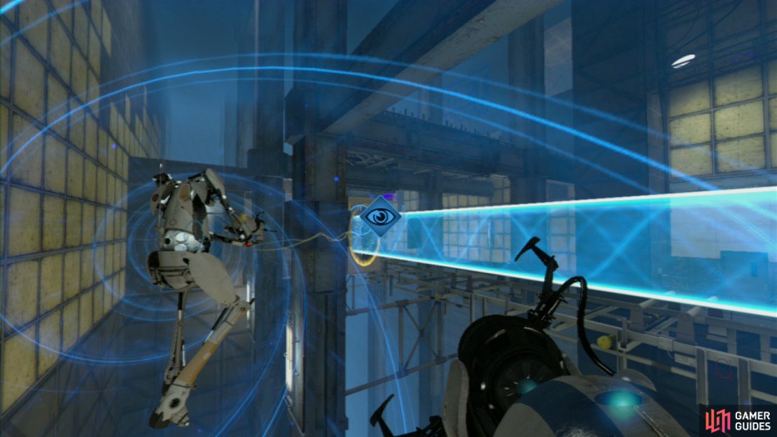 Both Players: The two of you need to jump into the excursion funnel and ride it all the way to the wall at the end. Player 2 should place a light bridge on the wall near where the turrets are coming from (creating a barrier that&rsquo;ll knock them off the conveyor belt).  Player 1 now needs to look for a small square-ish room with a broken roof located down below you. If you zoom in, there&rsquo;s a wall panel you can place a portal on, so do this. You&rsquo;ll both drop down and as you&rsquo;re being transported along, get player 2 to look for a thin rectangular panel just behind a metal girder, they can place a light bridge here, making it impossible for the stream of turrets to hit you.  Once you reach the end, hop off towards the office and hang a right when you enter, the optical disc you need is on a table at the back. Now simply pop it in as per usual to finish course 4!
