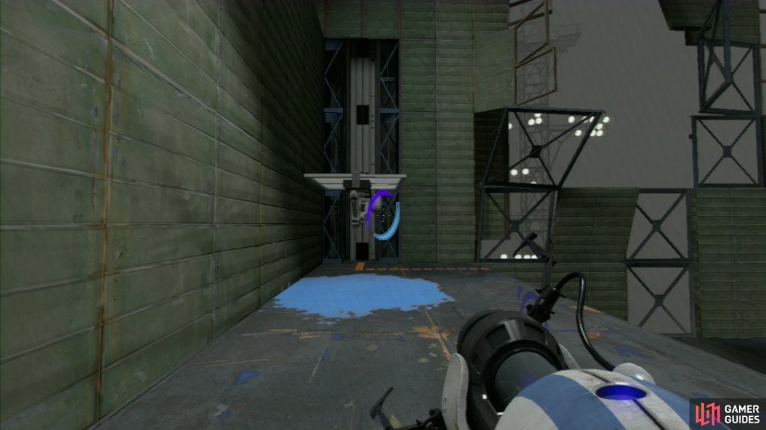 Player 1: Drop down off the ledge, jump off of the repulsion gel onto the lift and once you rise to the upper floor, press the red button up here to start another flow of repulsion gel near the lift on the upper ledge.  Now drop down to the ground floor again, go back in your original two portals and you should now notice the lowered lift just up ahead. Jump off of the repulsion gel and get up onto the lift. Ask player 2 to step off the button to raise the lift you&rsquo;re on. Once you&rsquo;re up here look for the encased wall panel, set a portal up here so your friend can nip through the lower portal and join you at the exit!