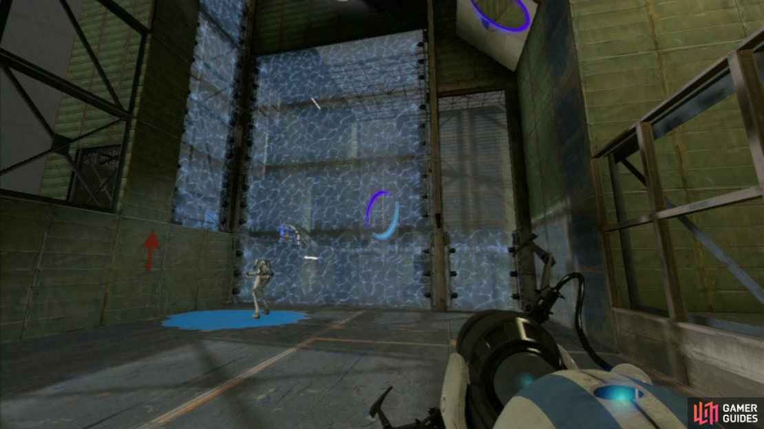 Player 1: Located in the top right-hand corner by the force field there&rsquo;s an angled wall panel, so place a portal here and then directly underneath the repulsion gel dispenser to your right. Press the red button and the gel will coat the floor on the left-hand side.