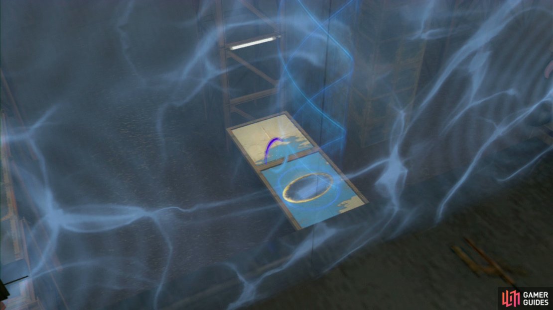 Player 1: There&rsquo;s a gap in the force field underneath the angled wall panel, so zoom across to single wall panel on the opposite wall (near the funnel) and place a portal here. Now press the red button so the funnel catches the gel.