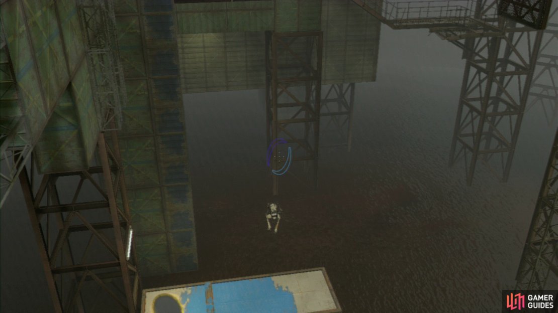 Player 2: Take a run and jump off of the ledge down onto the first platform below, bounce across to the second platform and you should land right by the exit. Now, look down to the right and there&rsquo;s a wall panel here where you need to place an excursion funnel so it&rsquo;s travelling directly below you in a horizontal direction.