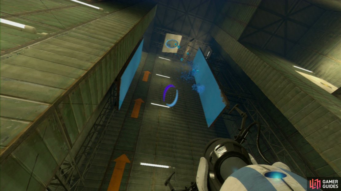 Player 1: Your first task is to set a portal on the lower wall panel to your left and then on the angled wall panel in the corner. Press the red plunger and the repulsion gel will coat the left-hand vertical wall panel leading upwards (to be absolutely certain you&rsquo;ve covered enough of the wall panel, press the plunger twice).  Now look directly up at the ceiling and you should spot a second angled wall panel pointing towards the right-hand vertical panels. Get your exit portal up here and once again press the red button twice to fully coat this wall in gel.