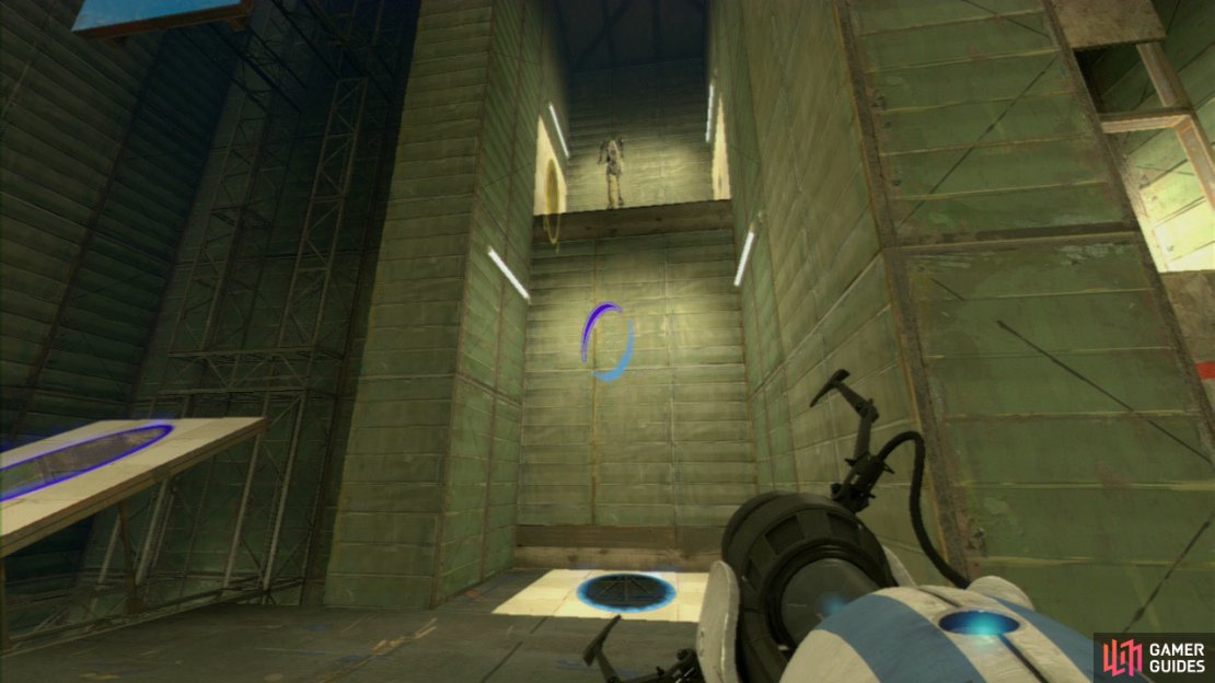 Player 1: Get yourself up onto the platform where player 2 was and ask your colleague to place a portal on the floor below you and on the slanted wall panel nearby. Jump down and bounce into each side of the gel-covered wall panels (make sure you&rsquo;re lined up properly, otherwise you&rsquo;ll bounce away from the wall and have to start again)!