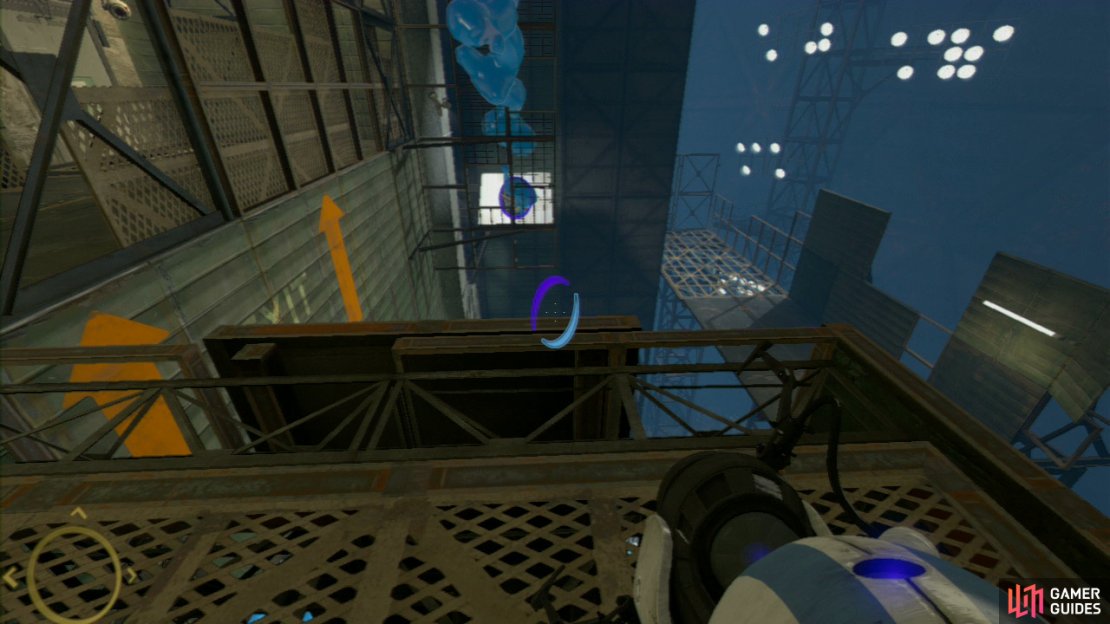 Peer over the edge of the platform and if you look straight ahead, there&rsquo;s a slanted wall panel behind a metal fence, this is where you want your second portal to go. Now ask player 2 to press the red button to release a fresh batch of repulsion gel. This&rsquo;ll coat the long wall panel just out of view in front of you. Once the wall s sufficiently coated, look directly above for a further two slanted wall panels. You want your portal on the right-hand wall panel.