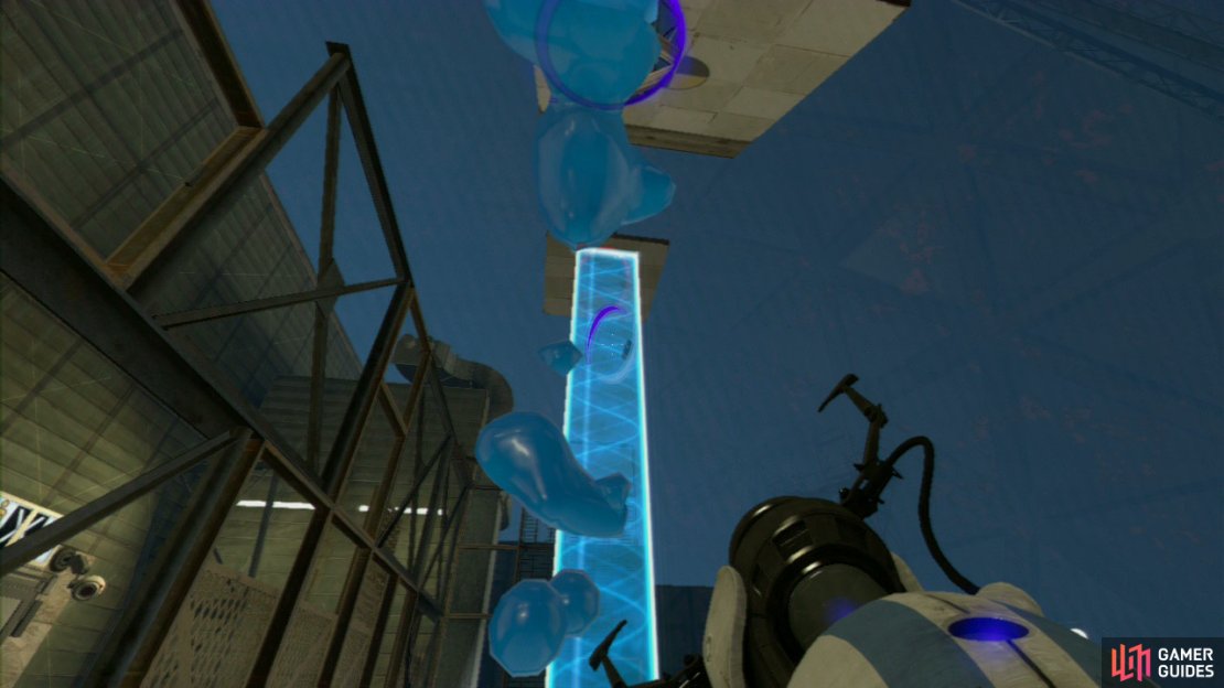 Player 2: Leave your portal by the light bridge there and set the exit portal on the other slanted wall panel near player 1. This&rsquo;ll create a wall adjacent to the gel-covered wall, creating the perfect track for getting up to the exit. Press the red gel release button again and the gel will now coat the vertical light bridge allowing you to bounce your way up between the walls to the top and right to the exit with your friend.