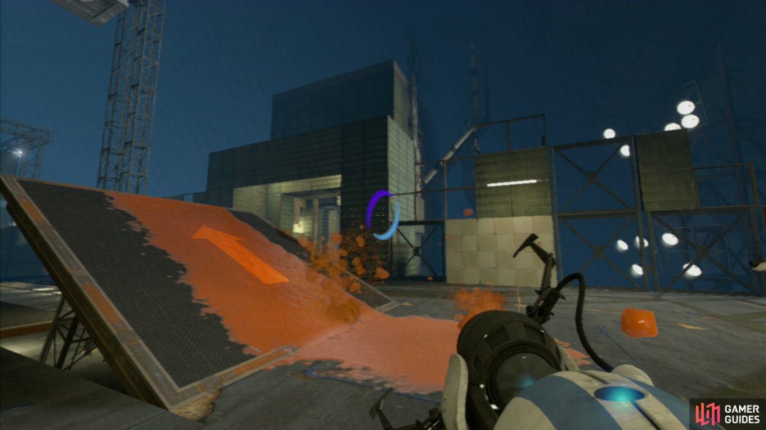 Player 1: Upon entering the test chamber hang a left and then set your first portal on a wall panel directly opposite the elevated platform and then your second portal on the floor panel underneath the propulsion gel dispenser. Press the button and the propulsion gel will coat the angled platform in preparation for the next steps. Player 2: Run up the orange runway and you’ll zip across the gap to the other side. Once you’re safely across, stand by the red button and start a 3, 2, 1 countdown.