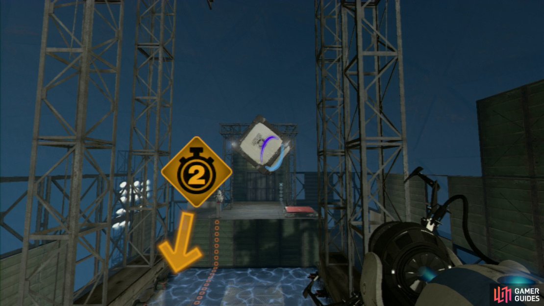 Player 1: Just after the countdown is initiated, start running up the ramp and just before you reach the force field, player 2 should press the button to release the crate above. Press the catch button as you fly by to catch the crate and set it down on the square button at the other side. Both Players: Head through the force field, down the stairwells and onto part 2 of the test chamber.