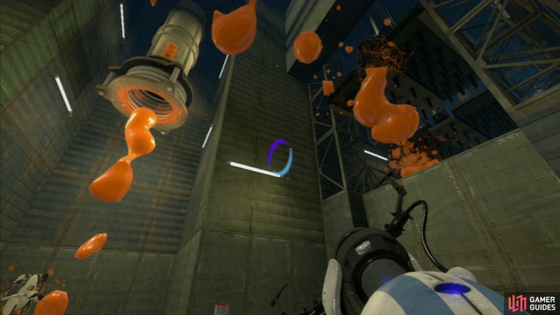 Player 1: Drop down to the lower level and set a portal on the left-hand slanted wall pane (with the ‘2’ on it) and then place your next portal directly under the propulsion gel dispenser to the right. Press the button and watch as the gel coats the floor of where the metal spikes are falling. It’ll take a few tries to coat enough of the floor here as the spikes are constantly raising and falling (blocking your gel). Repeat the same steps with the slanted wall panel near you (labelled as ‘1’).