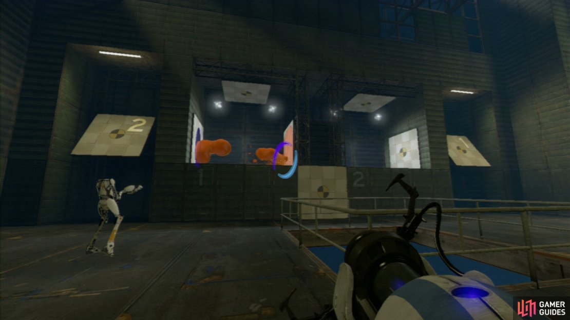 The next step is to leave the portal under the gel dispenser but place the other portal on the various wall panels on the upper ledge (including all the side panels and the roof panels). This should evenly coat the floor area of the ledges. Player 2: Get yourself up on the left-hand ledge and set a portal on the wall behind you and the one in front of you so you create an ‘infinite’ portal. Now start running and do not stop!