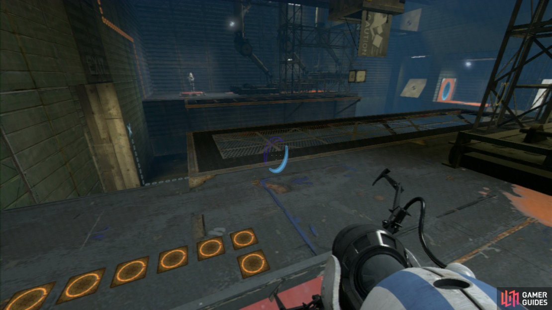 Player 2: Place a portal on slanted wall panel ‘1’ and then time your shot into the right-hand wall so the spikes are just starting to rise back up again. If timed right, player 1 will soar through the air and past the spikes. Both Players: Stand on the red switches at the same time to release the crate from the chute in the middle of the room. Pick it up, drop it in the floor lock to open up the exit to the sixth chamber.