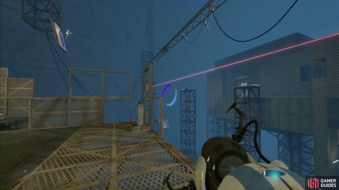 Player 1: Before player 2 descends back into the portal they came out of, place a second portal on the other square panel so your friend sails up to the laser beam again, allowing them to redirect the laser beam into the second set of turrets. Your next task is to turn to your left and look for the angled wall panel up above you and place an exit portal here. If you’ve timed it right (unlike me in our video), your teammate will soar across to the exit door. Once they have, get yourself over to the long angled platform covered in the orange propulsion gel and dash across the ramp towards the angled wall panel ahead.