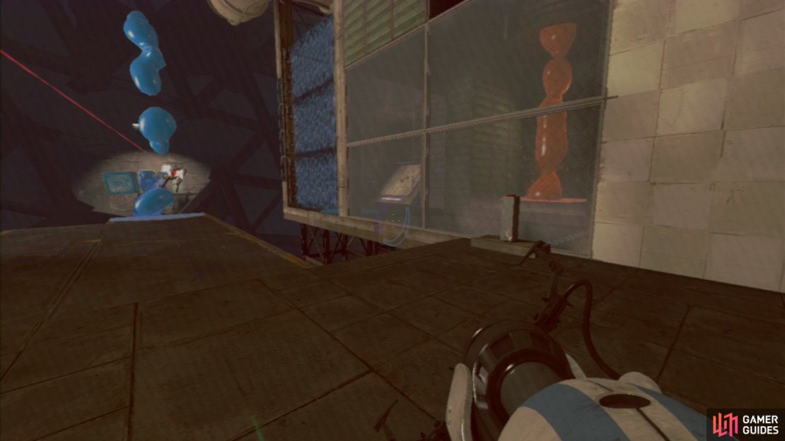 Player 1: You need to act quick here, but as soon as the door opens, immediately dash to the red button on your right and press it. This&rsquo;ll drop blue repulsion gel on top of the turret, killing it (back up as you might be killed by its bullets).