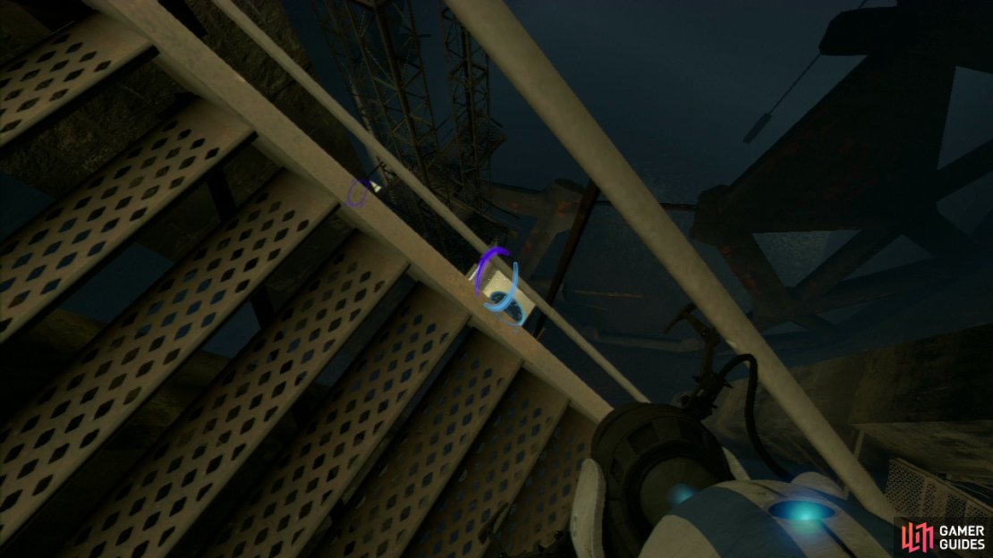 Player 1: Step through your friends portal and walk down the stairs a little bit. Now peer over the railings to your left and below you is another wall panel you can shoot. Set your second portal here and make your way back to the edge of the walkway.  Both Players: If you both step off the walkway and into the portal below, you&rsquo;ll zip across the gap and towards the second - and toughest - part of this final test chamber.