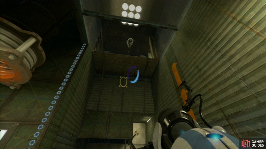 Player 2: Set a portal on the far left-hand corner wall and then one under the gel dispenser and press the button, this will create a nice speed runway for you to run up. Set a portal in the chequered floor tiles and at the far end of the &lsquo;runway&rsquo; and dash through. As you reach the peak of your ascent, fire a portal at the wall in the distance in front of you. This&rsquo;ll allow both of you to reach the upper level easily. But for now, just drop back down to the lower floor and stand by the red button.