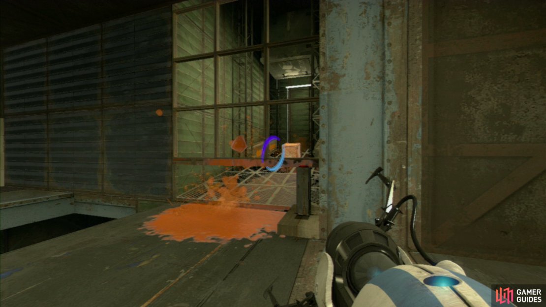 Player 1: Make your way through your friends portals and when you&rsquo;re on the upper level, peek over the ledge to the ground below and set a portal under the dispenser and then look up and to your left for a wall panel directly opposite the red switch you&rsquo;re right beside. Set the exit portal here, press the red button near you and ask player 2 to press their button to release the gel. This will coat the crate you released in propulsion gel, allowing it to slide right to you!