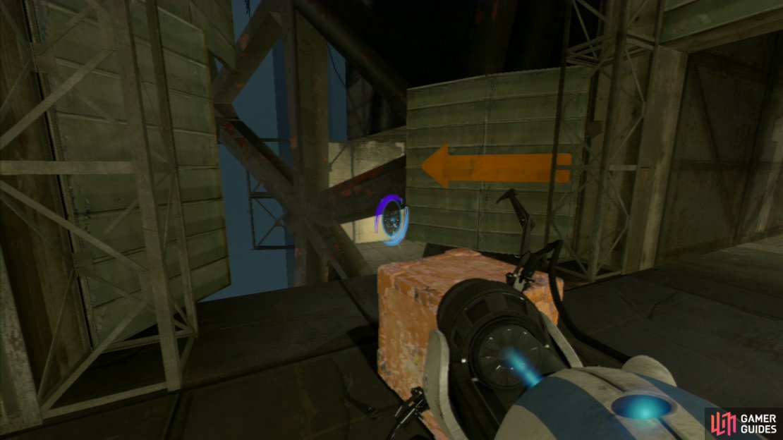 Just before you pick it up, look across the gap ahead and on the right-hand wall there&rsquo;s a couple of panels you can shoot, set a portal here and then on the wall behind you, pick up the slimy crate and carry it through. On the other side you should notice an orange arrow pointing forwards, if you look through the gap, you&rsquo;ll notice a portion of wall in the distance you can shoot. Set a portal here, pick up the crate and carry it through. Now stand at the top of the hill where the laser beams are, but DO NOT let the crate go yet!