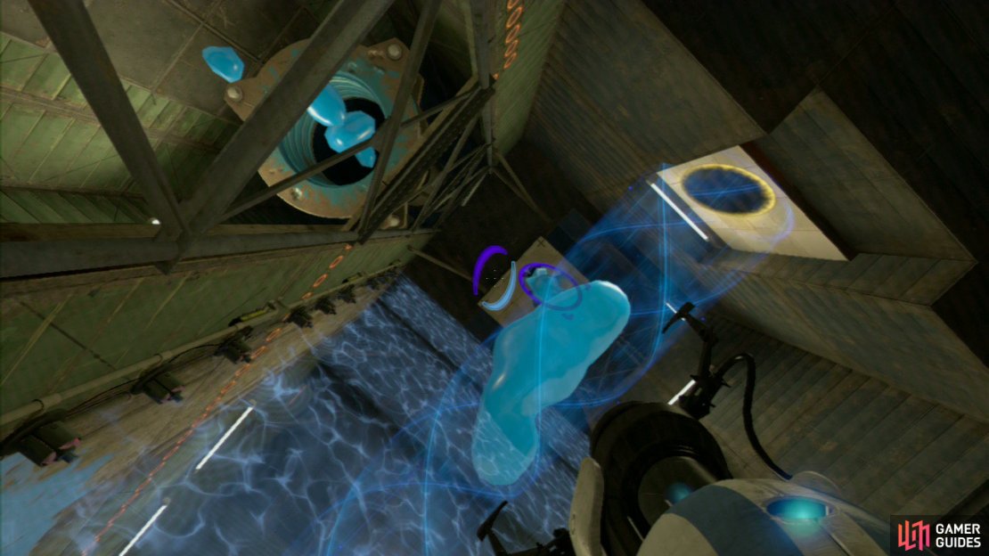 Player 2: Upon entering the next area, look to your right and set a portal on the ground by the excursion funnel. Then on the vertical square panel directly above the entrance and position yourself on the red square switch on the floor (this switch rotates a panel on the other side of the force field, so don&rsquo;t move)!