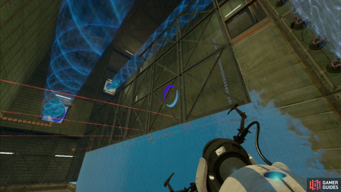 Player 1: Look at the ceiling and get a portal on the panel up here, now place your next one under the repulsion gel dispenser and press the red button to release the gel. The excursion funnel will catch the gel and carry it through the force field.  Step through the force field and quickly shoot the rotated wall panel where the funnel is hitting and then set an exit portal on the panel in the upper right-hand corner. Wait for the gel to be directly above the multiple turrets before stepping back through the force field to cut the funnel, dropping the gel on the turrets, killing them all!  With those troublesome turrets out of the way, use the gel-coated walls to bounce across the chasm. Once you&rsquo;re on the other side ask player 2 to join you and both of you should bounce up to where the turrets where previously residing.  Your task is to shoot a portal on the floor area that&rsquo;s not covered in blue gel as well as reapply a portal on the wall panel directly above.