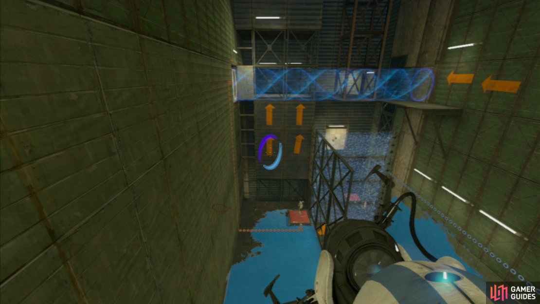 Player 2: Your task is to stand on the red switch and reset a portal on the excursion funnel and then on the rotated wall panel just up above you on the wall. This&rsquo;ll create a funnel that stretches across your head.