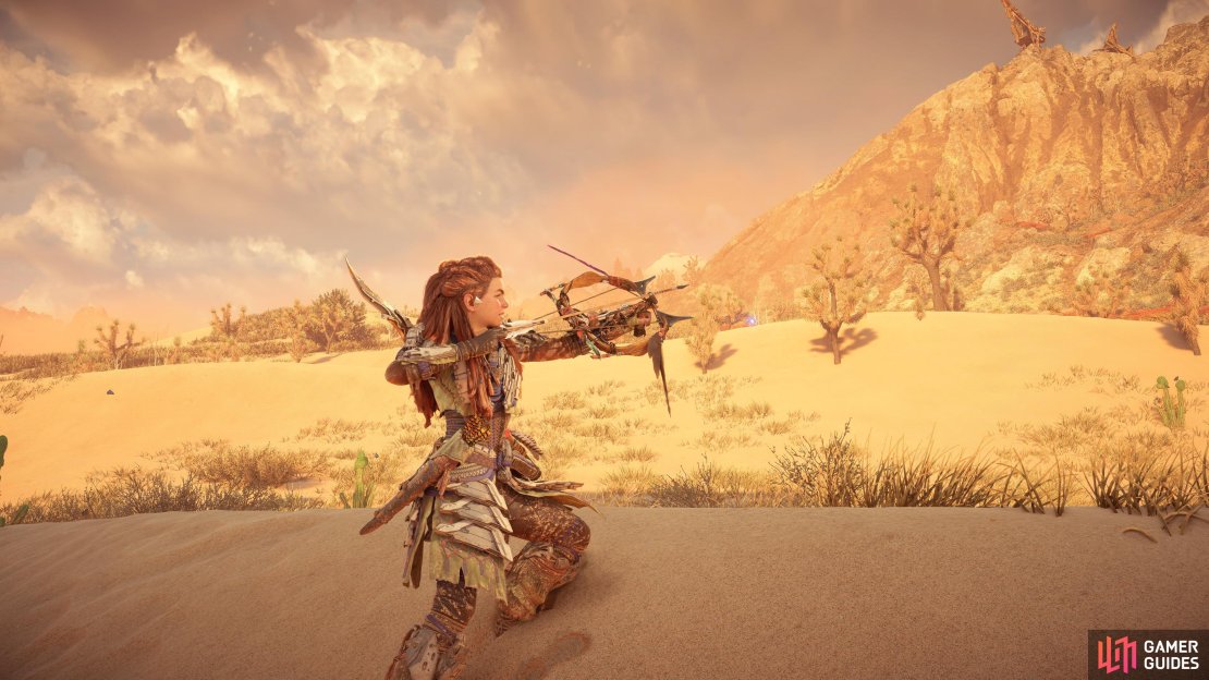Aloy tests out her new Carja&rsquo;s Bane.