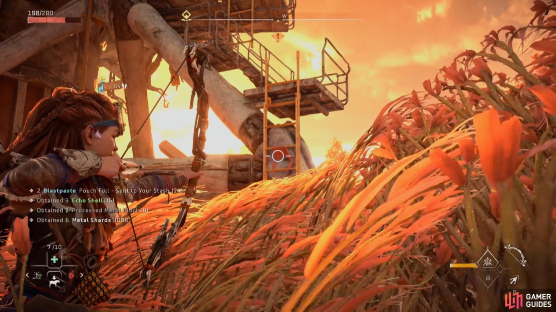 Shoot the red lock on the ladder to lower it.