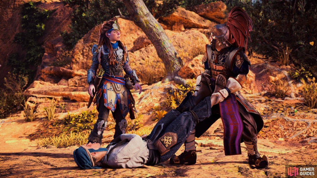 Aloy attempts to speak with Maleev as he is dragging a body along the ground.