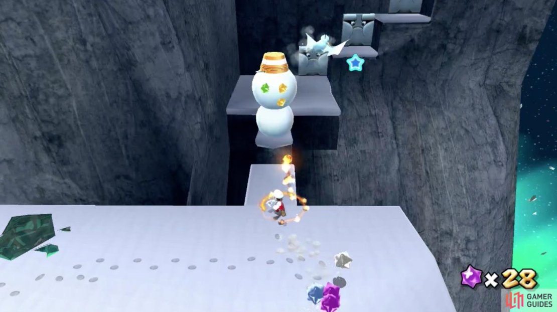 Use Fire Mario&rsquo;s fireballs to get rid of the snowmen.