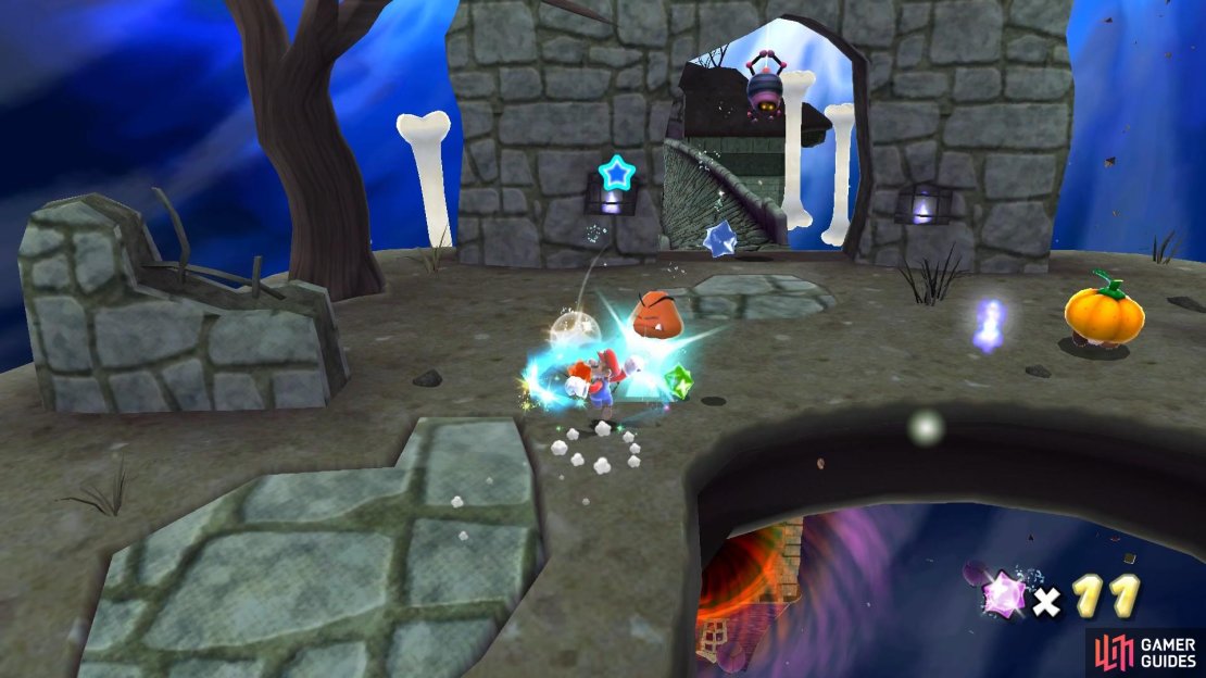 Spin the pumpkinheads off the goombas so you can defeat them.