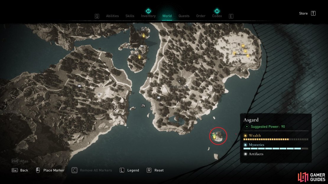 The location of the Ymir’s Tear Stone on the small island in the southeast of the map.