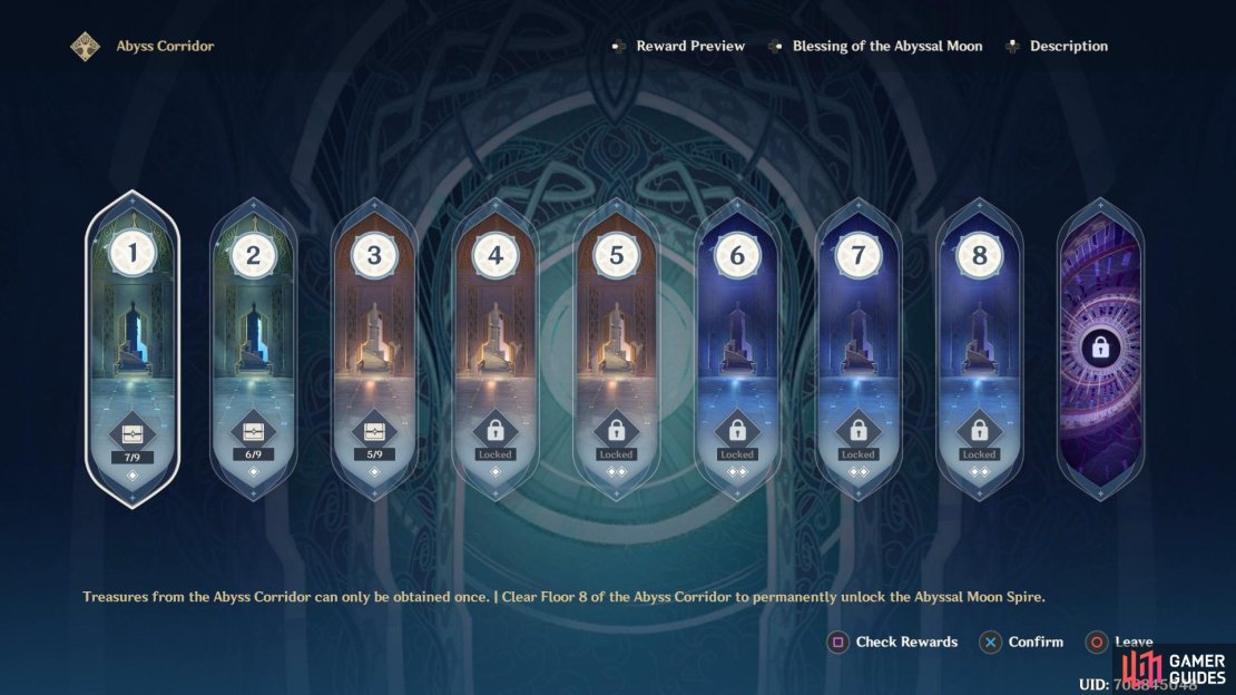The Abyss Corridor screen shows you what floors and treasures are unlocked