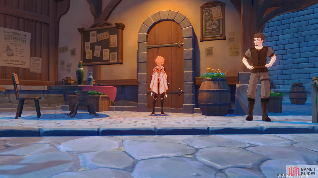 The Traveler bringing the Holy Lyre der Himmel to Venti inside the Angel’s Share tavern.