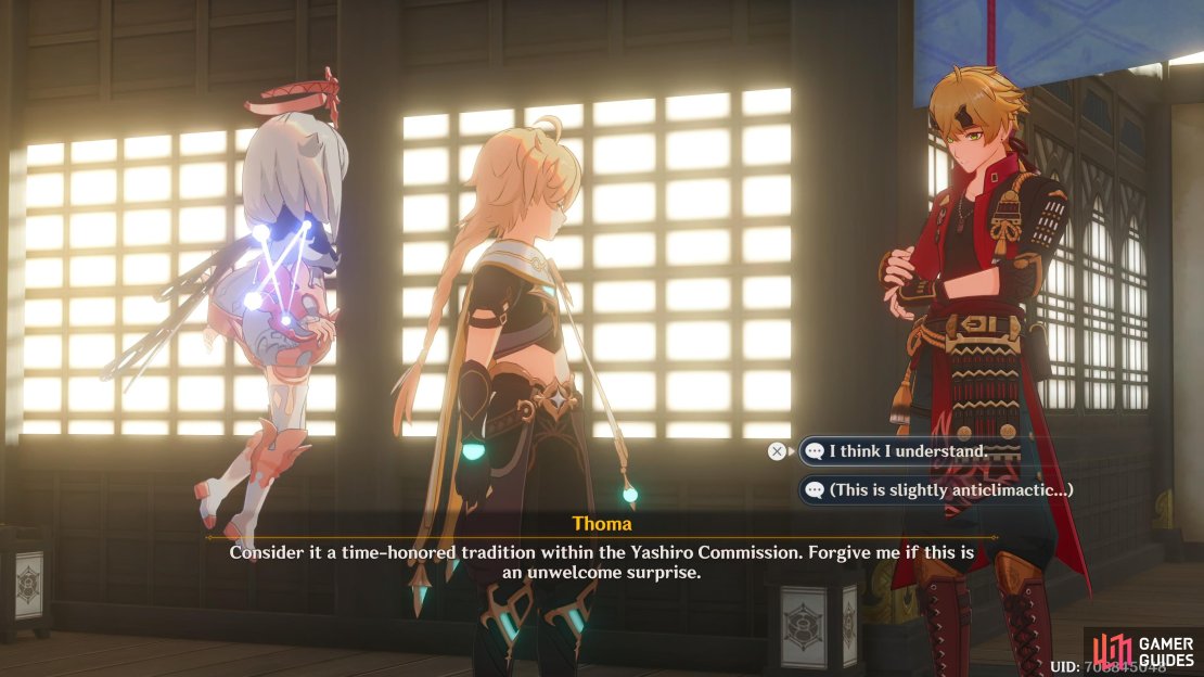 Thoma apologizing for Kamisato Ayako, being hidden behind a screen.
