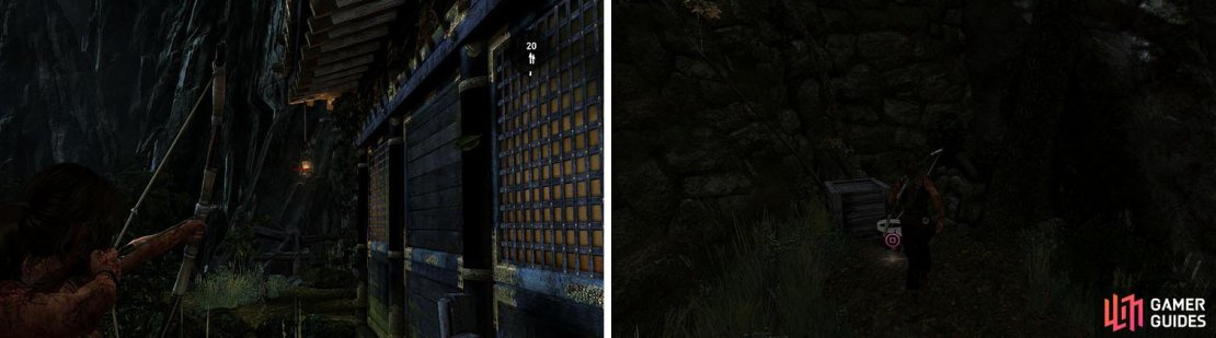 Shoot the Lantern to begin a new challenge (left). Don’t miss the GPS Cache behind the gazebo with a Food Cache (right).