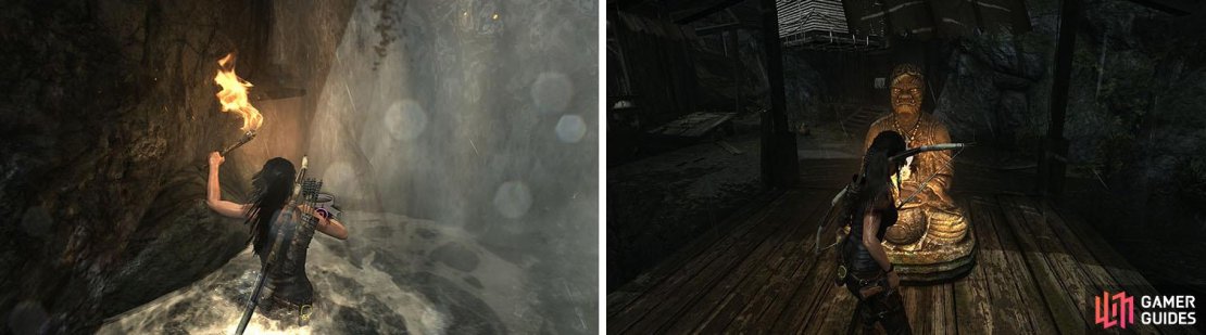 Check the waterfall for a GPS Cache (left) and then light the statue at the village center to start a challenge (right).