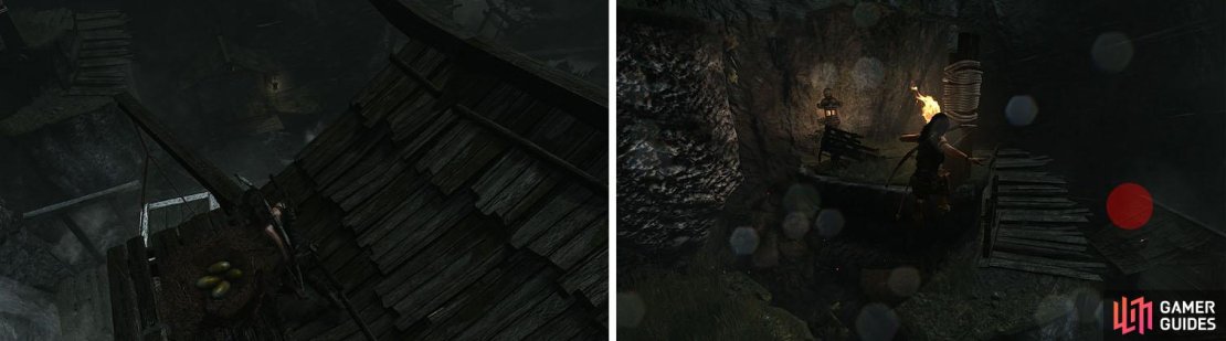 Don’t miss the eggs on one roof (left) and the GPS Cache on the other (right).