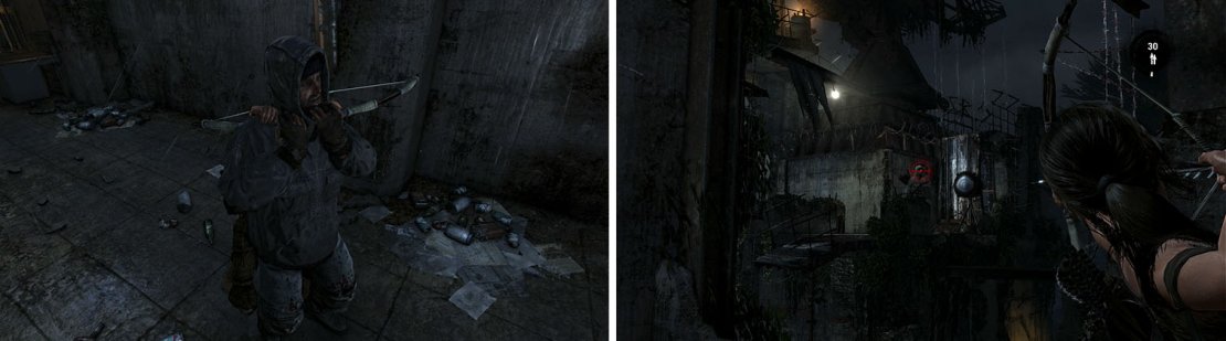 Melee kill the guard near the spotlight (left) and then kill the other guard across the way when his buddy is off to the left (right).