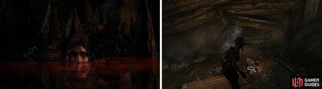 After escaping via the river of blood, head through the gas to the campsite.