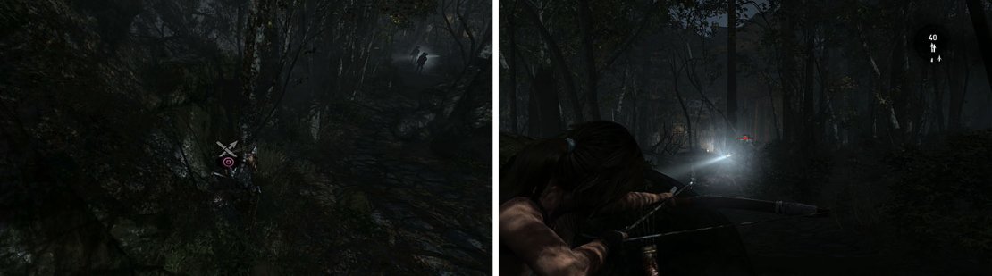 When you spot the men, you should also find a mushroom (left). Let the men separate before you kill them with headshots from your stealthy bow (right).
