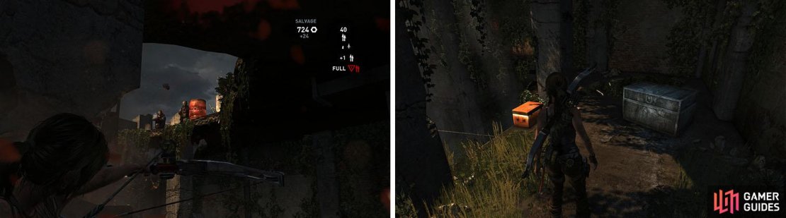On the third level, exploding the barrel and then turn around to find some salvage.