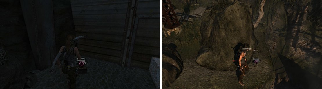 Grab the Japanese Coin relic near the camp (left) before sliding down the rope to find a GPS Cache behind some rocks (right).