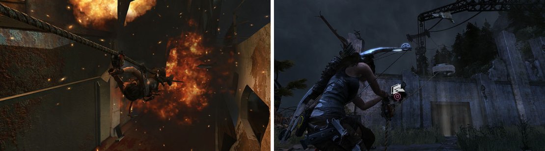 Escape the Endurance as it sinks (left) and return to the bunker to use the rope ascender (right).
