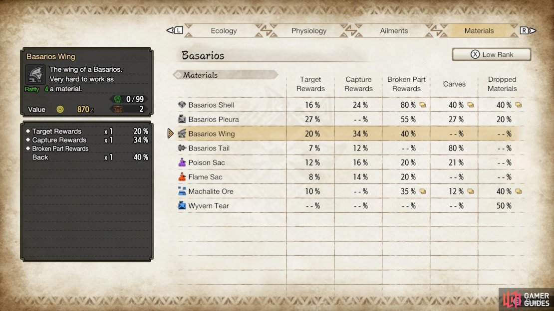 Basarios Wing is dropped from both the High and Low Rank Basarios.