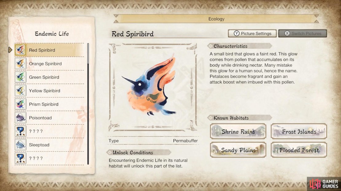 Info on every Endemic Life can be found in the Hunters Notes.