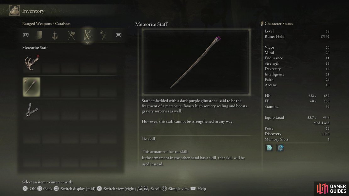 The Meteorite Staff can be obtained early and has S-rank Intelligence scaling.