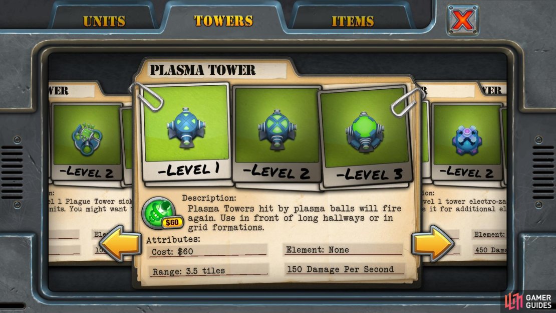 Unlock Requirement: Nine stars Purchase Cost: $60 Upgrade Cost: $45 each Resale Value: $45, $78, $112 Damage Per Second: 150, 300, 450 Range: 3.5 tiles Main Use: Will trigger a plasma round from each of the four sides (up, down, left and right) and the shot will travel in a straight line the entire length of the map (damaging any units it touches along the way). If you place another Plasma Tower directly in-line of another one, they&rsquo;ll fire off an additional shot. If placed in a square-like grid, you can create a very effective plasma party.