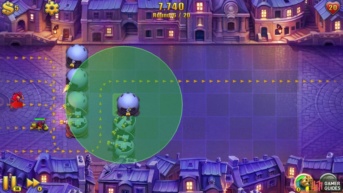 Once you&rsquo;re prompted to use the Glue Tower&hellip; don&rsquo;t. Instead you should use the free coins to drop another two Gatling Towers so you&rsquo;re creating a U-bend that goes towards the top of the map.
