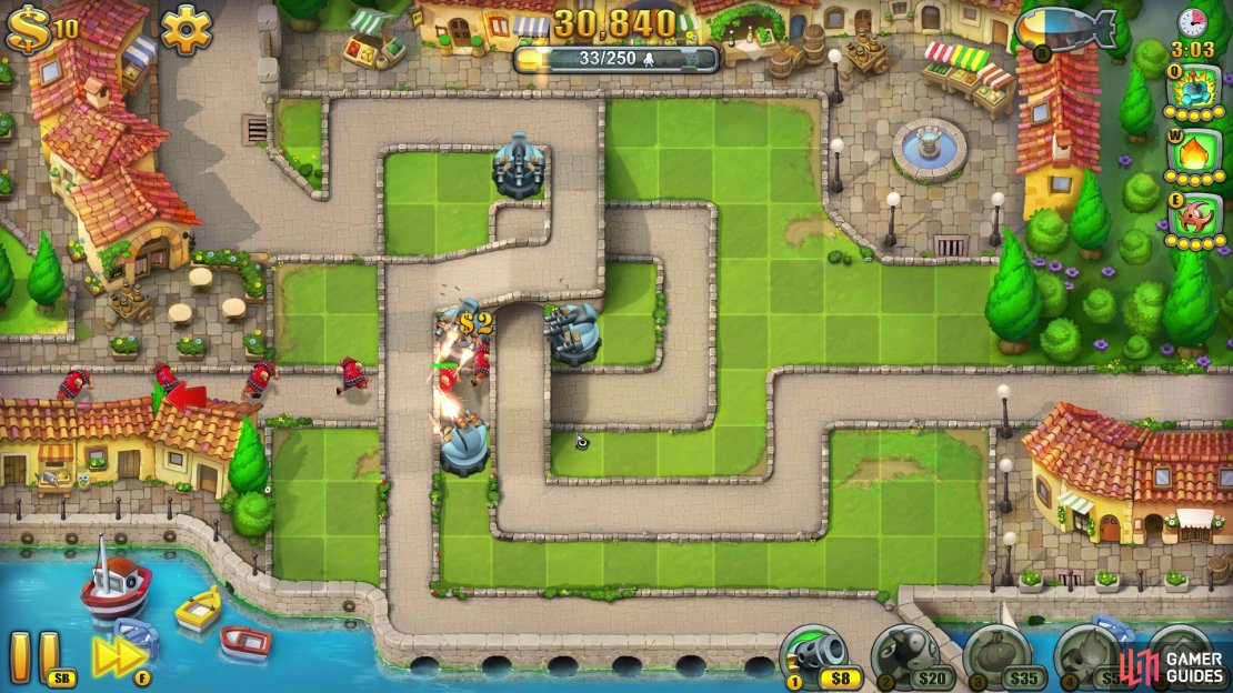 &ndash; You&rsquo;ll start with $30 this time, so place three Gun Towers down in the same central places as before and upgrade them.