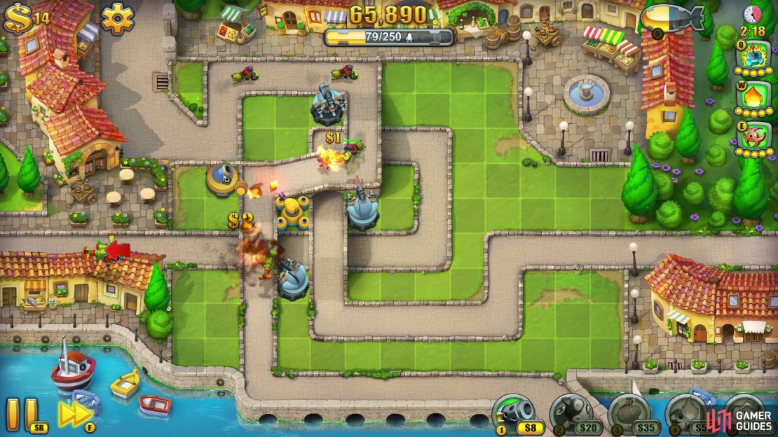 &ndash; Swap out the central Gun Tower for a Flamethrower Tower to maximise your damage output in this key area.  &ndash; If you hear the sound of a Medic about to arrive, select an item if you have any and when you spot the trail of Fieldrunners, drop your long-lasting item at the start of the pack to take them all out quicker.