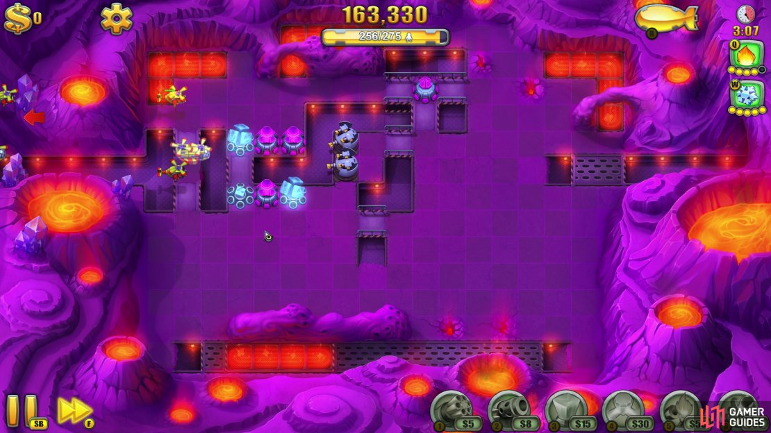 It&rsquo;s all about lining the sides of the trench with Ice Towers and Spark Towers to do as much damage as quickly as possible.